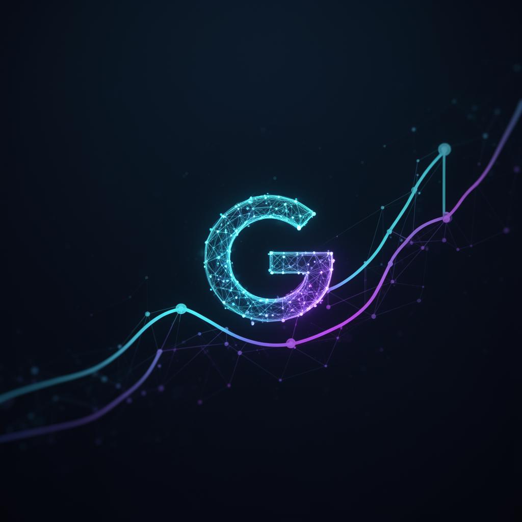 Visualização de rede neural com um G estilizado representando o domínio orgânico no Google